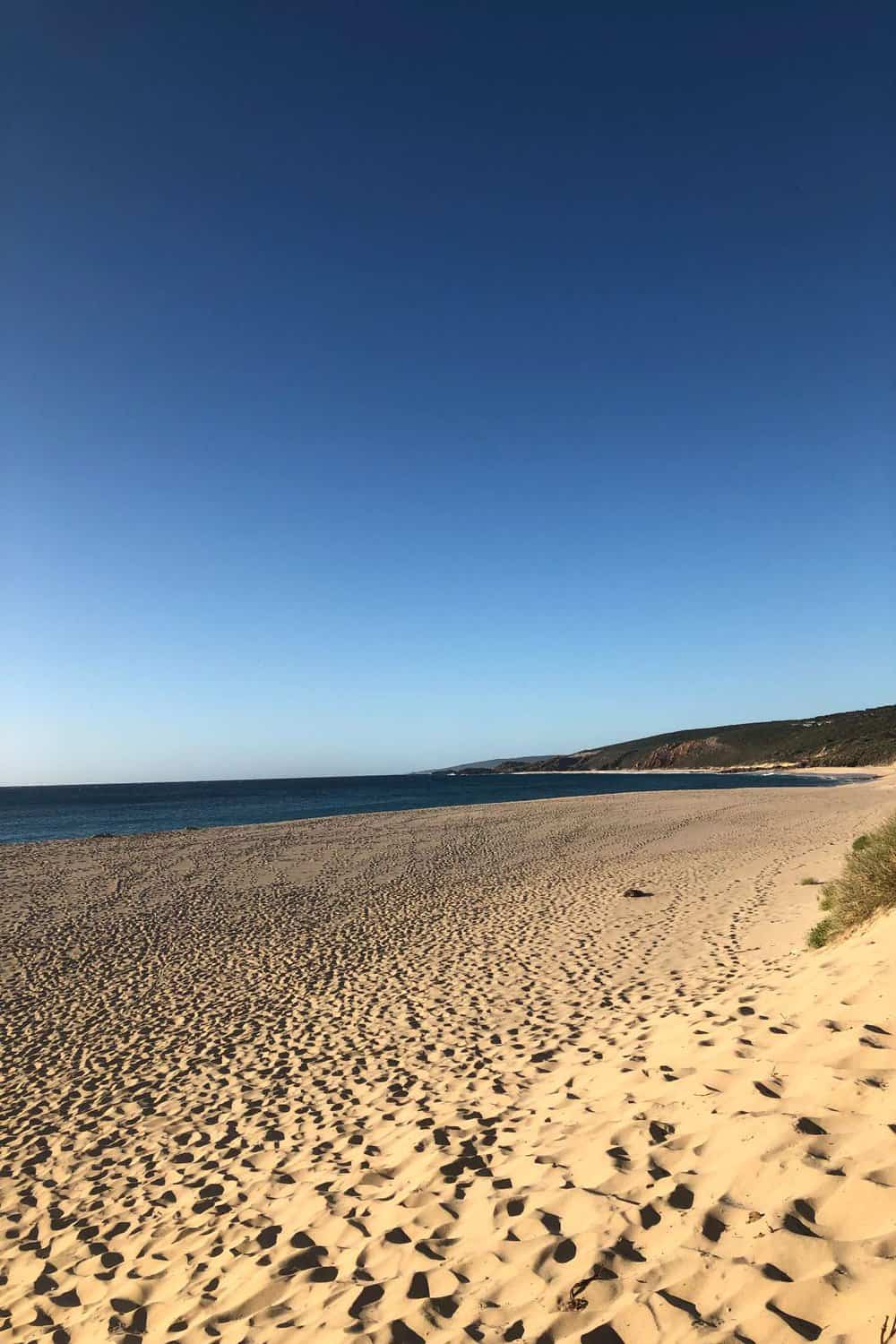 Expansive Yallingup beach called Injidup Beach, with its golden sands, clear blue skies, and tranquil ocean at dusk.