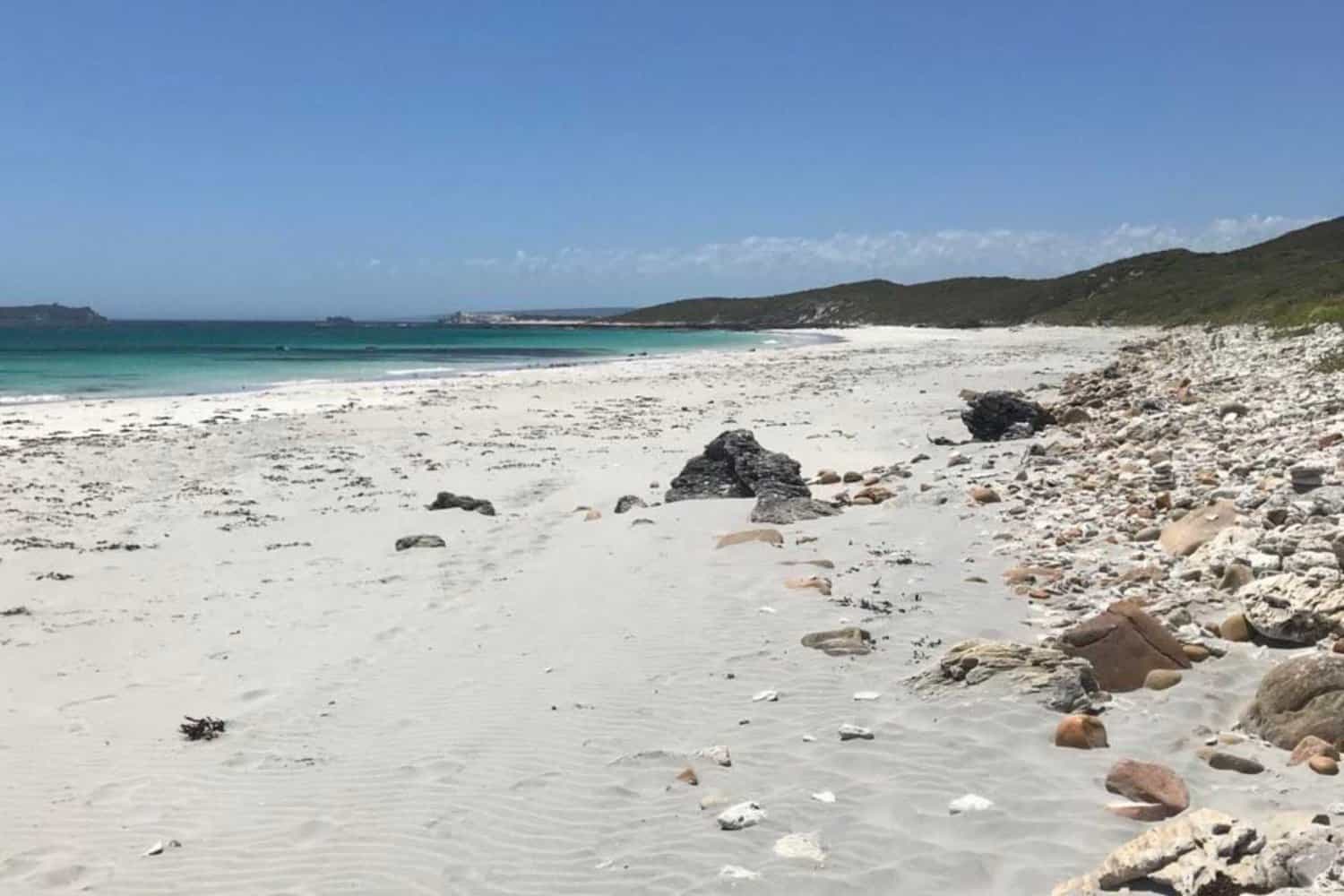 The untouched beauty of the Augusta beach, Foul Bay, is captured in this image, where a stretch of white sandy beach scattered with seaweed and rocks leads to the serene turquoise waters, with hints of distant headlands under a soft blue sky.