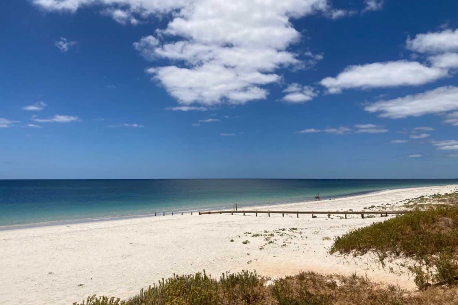 Scenic image of Forrest Beach with Australian bush bordering the pristine shoreline, turquoise ocean waves gently rolling in, under a blue sky.