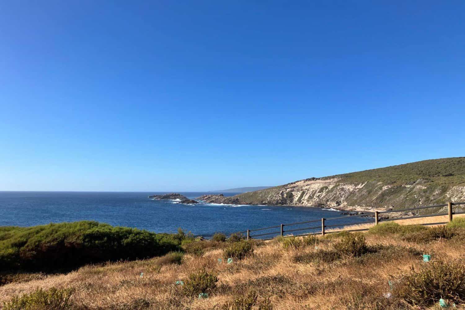 Panoramic view of the rugged coastline at Yallingup, featuring undulating cliffs and native shrubbery against a backdrop of the clear blue Indian Ocean under a bright azure sky.