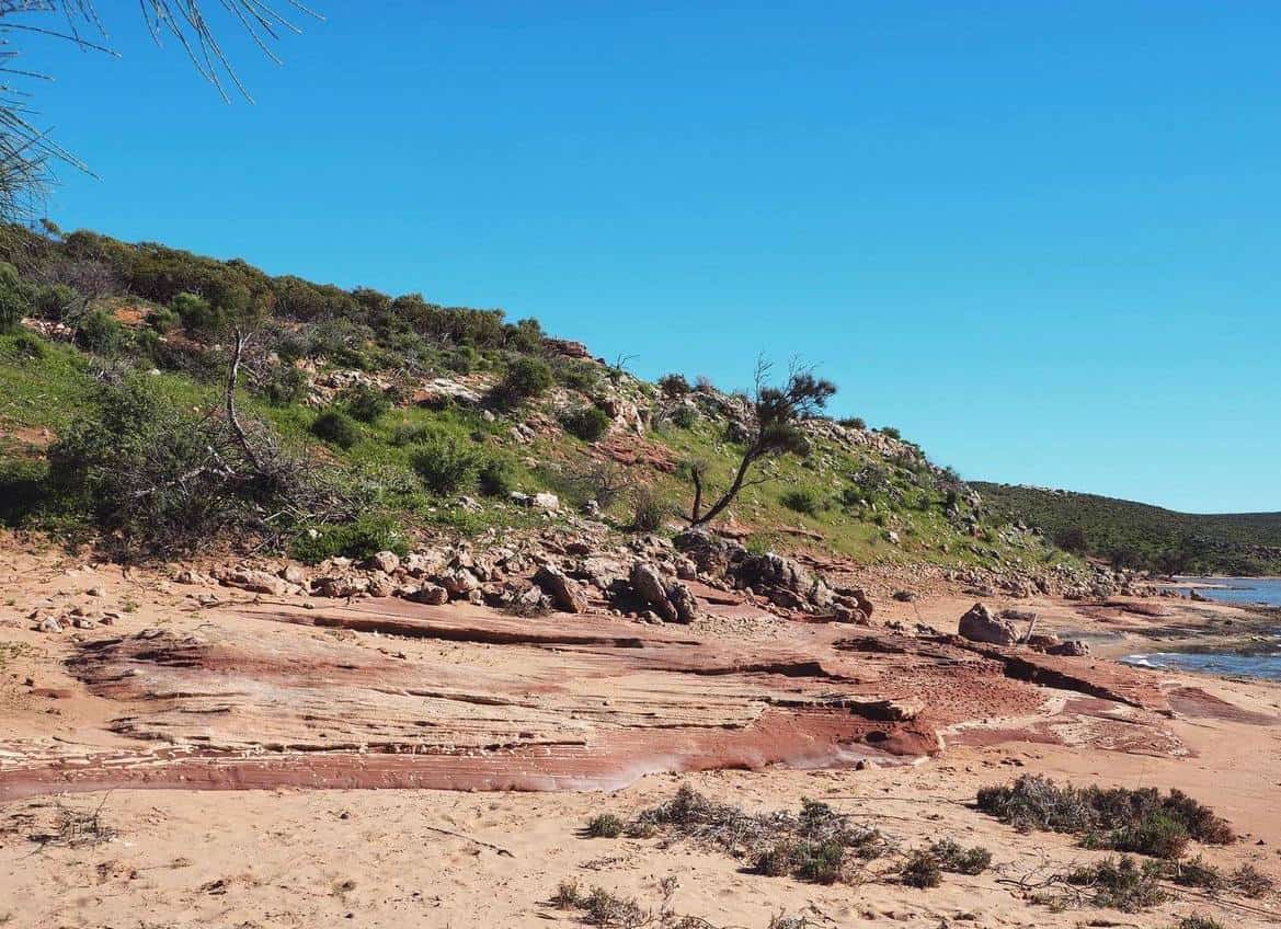 Sandy beach leading to layered red rock formations with sparse vegetation on a sunny day, capturing the rugged coastal landscape typical of the areas surrounding Kalbarri, Western Australia.
