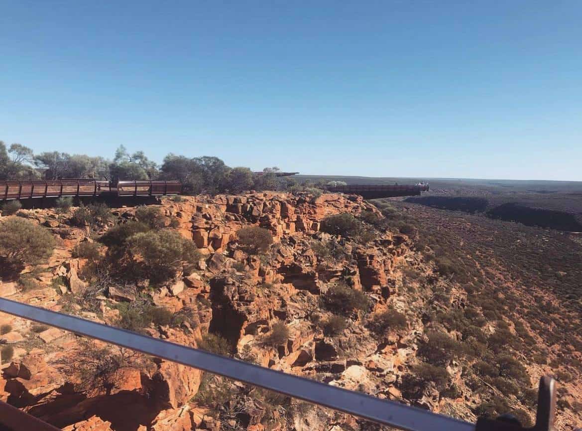 Scenic view of the rugged cliffs and lush bushland of Kalbarri National Park with a clear blue sky, taken from a lookout point during a Perth to Kalbarri road trip, showcasing the natural beauty of Western Australia.