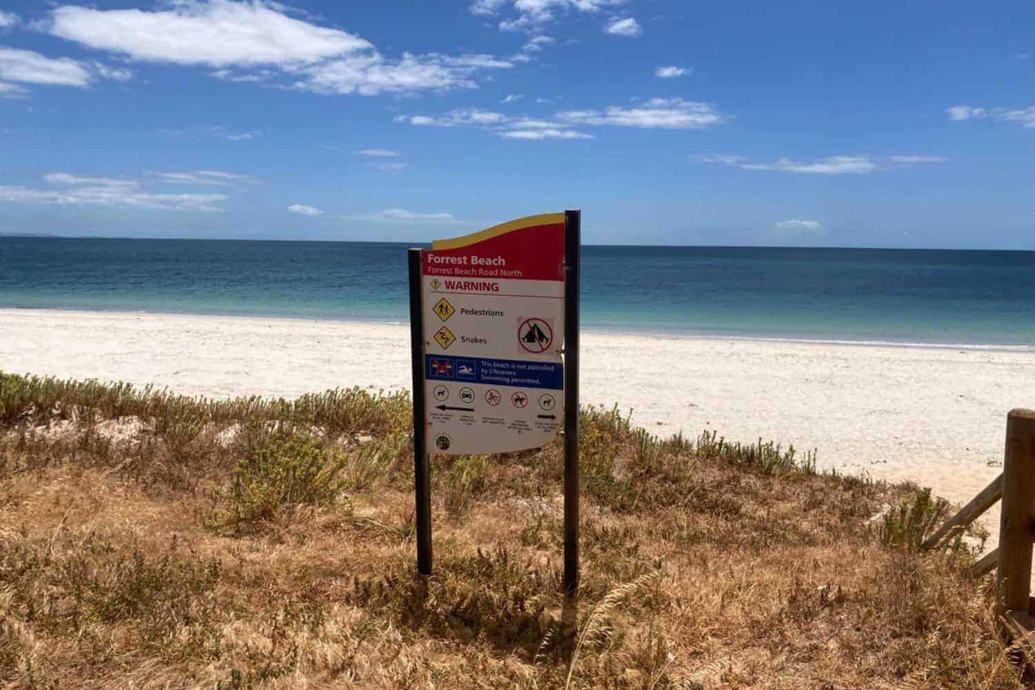 Warning sign at the entrance to Forrest Beach, with a clear view of the sandy beach and calm ocean in the background, indicating a pedestrian area with cautions about snakes and no lifeguard on duty.